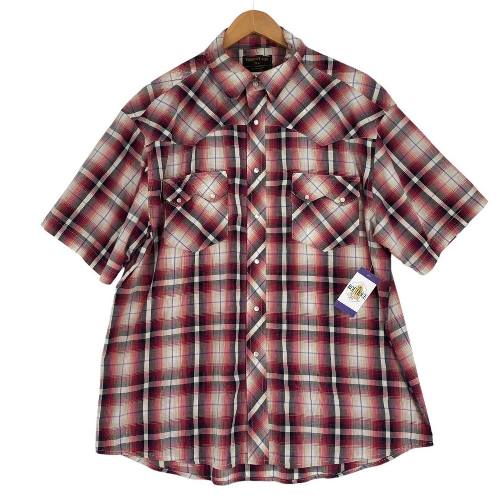 Vtg Rustler Wrangler Plaid Pearl Snap Shirt XL Red Short Sleeve Western Rodeo